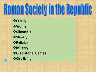 Family
Women
Clientship
Slavery
Religion
Military
Gladiatorial Games
City living

                      1
 