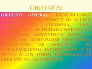 OBJETIVO GENERAL: PROPORCIONAR
BIENESTAR AL INDIVIDUO Y SU NÚCLEO
FAMILIAR DE COLOMBIA, PARA
CONTRIBUIR A SU FORTALECIMIENTO Y A
UNA MEJOR CONVIVENCIA SOCIAL A
TRAVÉS DE ACTIVIDADES EDUCATIVAS,
PREVENTIVAS, DE ASISTENCIA, DE
EMPRENDIMIENTO, INVESTIGACIÓN Y DE
APOYO A LOS OTROS PROGRAMAS DE
CADA UNA DE LAS EMPRESAS.
 
