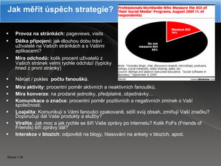 Jak měřit úspěch strategie? Provoz na stránkách:  pageviews, visits  Délka připojení:  jak dlouhou dobu tráví uživatelé na Vašich stránkách a s Vašimi aplikacemi?  Míra odchodů:  kolik procent uživatelů z Vašich stránek velmi rychle odchází (typicky hned z první stránky)  Nárůst / pokles  počtu fanoušků .  Míra aktivity : procentní poměr aktivních a neaktivních fanoušků. Míra konverze :   na prodané jednotky, předplatné, objednávky… Komunikace o značce : procentní poměr pozitivních a negativních zmínek o Vaší společnosti. Loajalita : Komunikují s Vámi fanoušci opakovaně, sdílí svůj obsah, zmiňují Vaší značku? Doporučují dál Vaše produkty a služby?  Viralita : Jak moc a jak rychle se šíří Vaše zprávy po internetu? Kolik FoFs (Friends of Friends) šíří zprávy dál? Interakce v blozích : odpovědi na blogy, hlasování na ankety v blozích, apod. 
