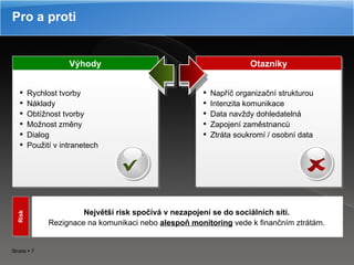 Pro a proti Otazníky Výhody Napříč organizační strukturou Intenzita komunikace Data navždy dohledatelná Zapojení zaměstnanců Ztráta soukromí / osobní data Rychlost tvorby Náklady Obtížnost tvorby Možnost změny Dialog Použití v intranetech Největší risk spočívá v nezapojení se do sociálních sítí. Rezignace na komunikaci nebo  alespoň monitoring  vede k finančním ztrátám. Risk  û 