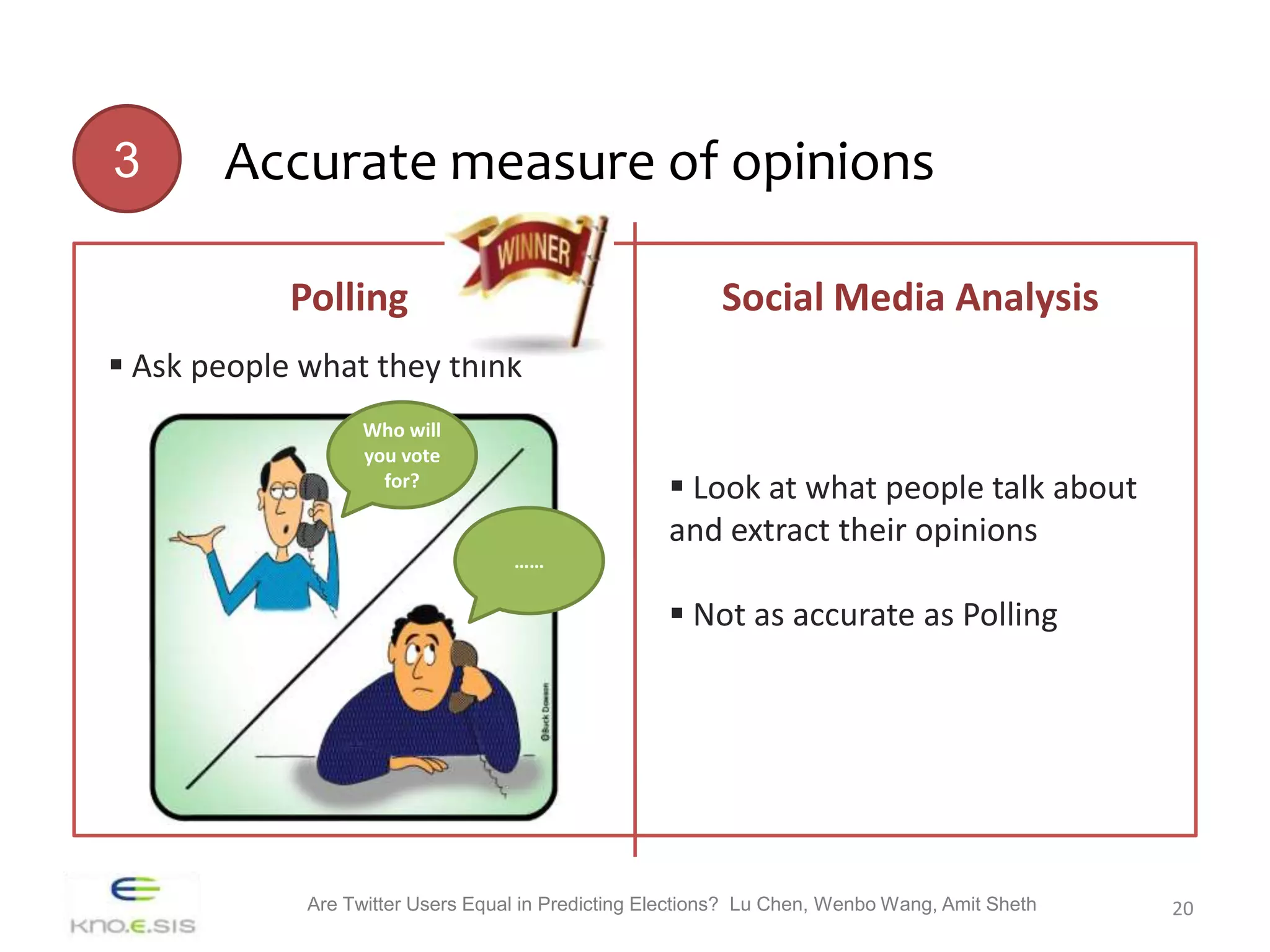 3      Accurate measure of opinions

            Polling                                       Social Media Analysis
 Ask people what they think
                   Who will
                   you vote
                     for?
                                                     Look at what people talk about
                                                    and extract their opinions
                                   ……

                                                     Not as accurate as Polling




             Are Twitter Users Equal in Predicting Elections? Lu Chen, Wenbo Wang, Amit Sheth   20
 