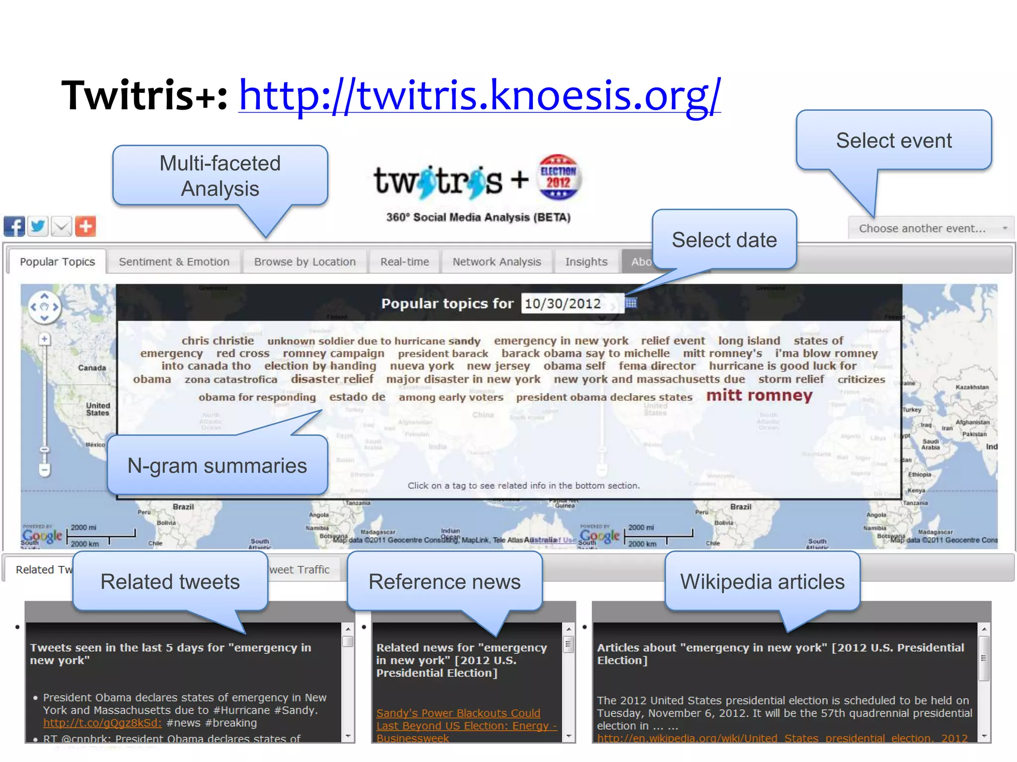 Twitris+: http://twitris.knoesis.org/
                                                                            Select event
       Multi-faceted
        Analysis

                                                            Select date




    N-gram summaries




  Related tweets                  Reference news            Wikipedia articles




               Subjective Information Extraction, Lu Chen                             25
 