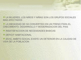  LA MUJERES, LOS NIÑOS Y NIÑAS SON LOS GRUPOS SOCIALES
MAS AFECTADOS
 LA INEQUIDAD SE HA CONVERTIDO EN UN FRENO PARA EL
CRECIMIENTO, DESARROLLO Y MODERNIZACION DEL PAIS
 INSATISFACCION DE NECESIDADES BASICAS
 DEFICIT HABITACIONAL
 EN EL AMBITO SOCIAL EXISTE UN DETERIOR EN LA CALIDAD DE
VIDA DE LA POBLACION
 