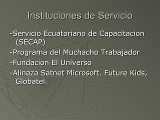 Instituciones de ServicioInstituciones de Servicio
-Servicio Ecuatoriano de Capacitacion-Servicio Ecuatoriano de Capacitacion
(SECAP)(SECAP)
-Programa del Muchacho Trabajador-Programa del Muchacho Trabajador
-Fundacion El Universo-Fundacion El Universo
-Alinaza Satnet Microsoft. Future Kids,-Alinaza Satnet Microsoft. Future Kids,
GlobatelGlobatel
 