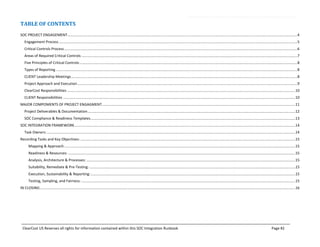 Methodology Created and Documented by Written Mark S Mahre
ClearCost US Reserves all rights for information contained within this SOC Integration Runbook Page #2
TABLE OF CONTENTS
SOC PROJECT ENGAGEMENT..................................................................................................................................................................................................................................4
Engagement Process ..........................................................................................................................................................................................................................................5
Critical Controls Process.....................................................................................................................................................................................................................................6
Areas of Required Critical Controls ....................................................................................................................................................................................................................7
Five Principles of Critical Controls......................................................................................................................................................................................................................8
Types of Reporting .............................................................................................................................................................................................................................................8
CLIENT Leadership Meetings..............................................................................................................................................................................................................................8
Project Approach and Execution........................................................................................................................................................................................................................9
ClearCost Responsibilities ................................................................................................................................................................................................................................10
CLIENT Responsibilities ....................................................................................................................................................................................................................................10
MAJOR COMPOMENTS OF PROJECT ENGAGMENT..............................................................................................................................................................................................11
Project Deliverables & Documentation............................................................................................................................................................................................................12
SOC Compliance & Readiness Templates.........................................................................................................................................................................................................13
SOC INTEGRATION FRAMEWORK.........................................................................................................................................................................................................................14
Task Owners:....................................................................................................................................................................................................................................................14
Recording Tasks and Key Objectives: ...................................................................................................................................................................................................................15
Mapping & Approach:..................................................................................................................................................................................................................................15
Readiness & Resources: ...............................................................................................................................................................................................................................15
Analysis, Architecture & Processes: .............................................................................................................................................................................................................15
Suitability, Remediate & Pre-Testing: ..........................................................................................................................................................................................................15
Execution, Sustainability & Reporting:.........................................................................................................................................................................................................15
Testing, Sampling, and Fairness: ..................................................................................................................................................................................................................15
IN CLOSING...........................................................................................................................................................................................................................................................16
 