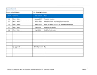 Methodology Created and Documented by Written Mark S Mahre
ClearCost US Reserves all rights for information contained within this SOC Integration Runbook Page #3
Version Control
Created By: Mark S Mahre Title: Managing Partner US
Ver # Revised By Date Revised Notes
1.0 Mark S Mahre January 2017 Template Creation
1.1 Mark S Mahre March 2018 Added more SOC Project Engagement Details
2.0 Mark S Mahre March 2018 Made for generic ‘CLIENT’ for sending for Marketing
2.1 Mark S Mahre April 2018 Modified for Partners
2.2 Mark S Mahre April 2018 Modified for LinkedIn
QA Approval Date Approved By:
 