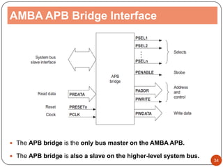 AMBA APB Bridge Interface
 The APB bridge is the only bus master on the AMBA APB.
 The APB bridge is also a slave on the higher-level system bus.
34
 