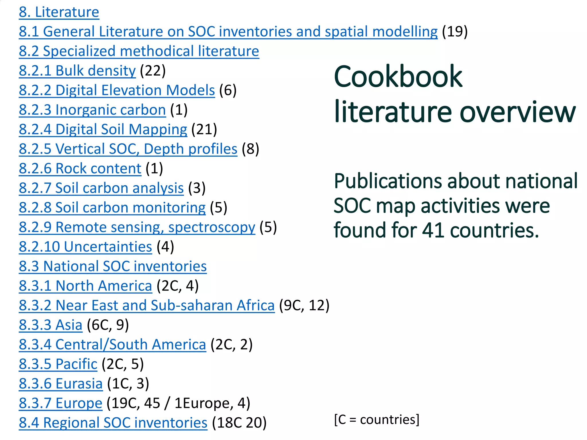 41 c
Publications about national
SOC map activities were
found for 41 countries.
8. Literature
8.1 General Literature on SOC inventories and spatial modelling (19)
8.2 Specialized methodical literature
8.2.1 Bulk density (22)
8.2.2 Digital Elevation Models (6)
8.2.3 Inorganic carbon (1)
8.2.4 Digital Soil Mapping (21)
8.2.5 Vertical SOC, Depth profiles (8)
8.2.6 Rock content (1)
8.2.7 Soil carbon analysis (3)
8.2.8 Soil carbon monitoring (5)
8.2.9 Remote sensing, spectroscopy (5)
8.2.10 Uncertainties (4)
8.3 National SOC inventories
8.3.1 North America (2C, 4)
8.3.2 Near East and Sub-saharan Africa (9C, 12)
8.3.3 Asia (6C, 9)
8.3.4 Central/South America (2C, 2)
8.3.5 Pacific (2C, 5)
8.3.6 Eurasia (1C, 3)
8.3.7 Europe (19C, 45 / 1Europe, 4)
8.4 Regional SOC inventories (18C 20)
Cookbook
literature overview
[C = countries]
 