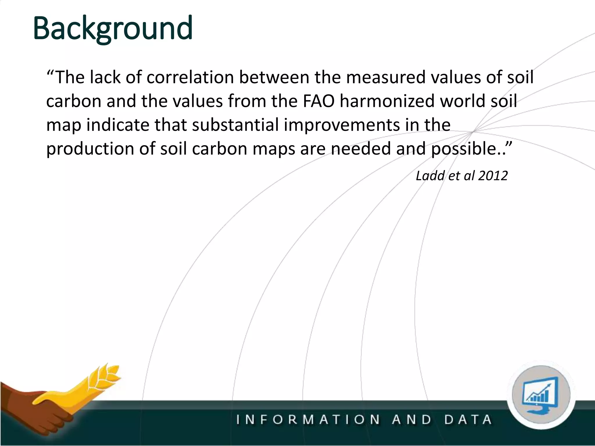 Background
Ladd et al 2012
“The lack of correlation between the measured values of soil
carbon and the values from the FAO harmonized world soil
map indicate that substantial improvements in the
production of soil carbon maps are needed and possible..”
 