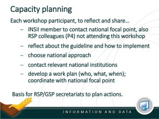 Capacity planning
 reflect about the guideline and how to implement
Each workshop participant, to reflect and share…
 choose national approach
 contact relevant national institutions
 INSII member to contact national focal point, also
RSP colleagues (P4) not attending this workshop
 develop a work plan (who, what, when);
coordinate with national focal point
Basis for RSP/GSP secretariats to plan actions.
 