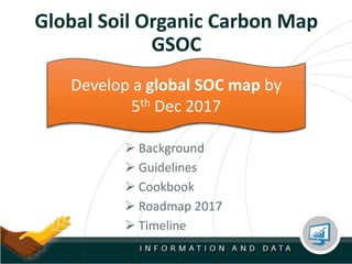 Global Soil Organic Carbon Map
GSOC
 Background
 Guidelines
 Cookbook
 Roadmap 2017
 Timeline
Develop a global SOC map by
5th Dec 2017
 
