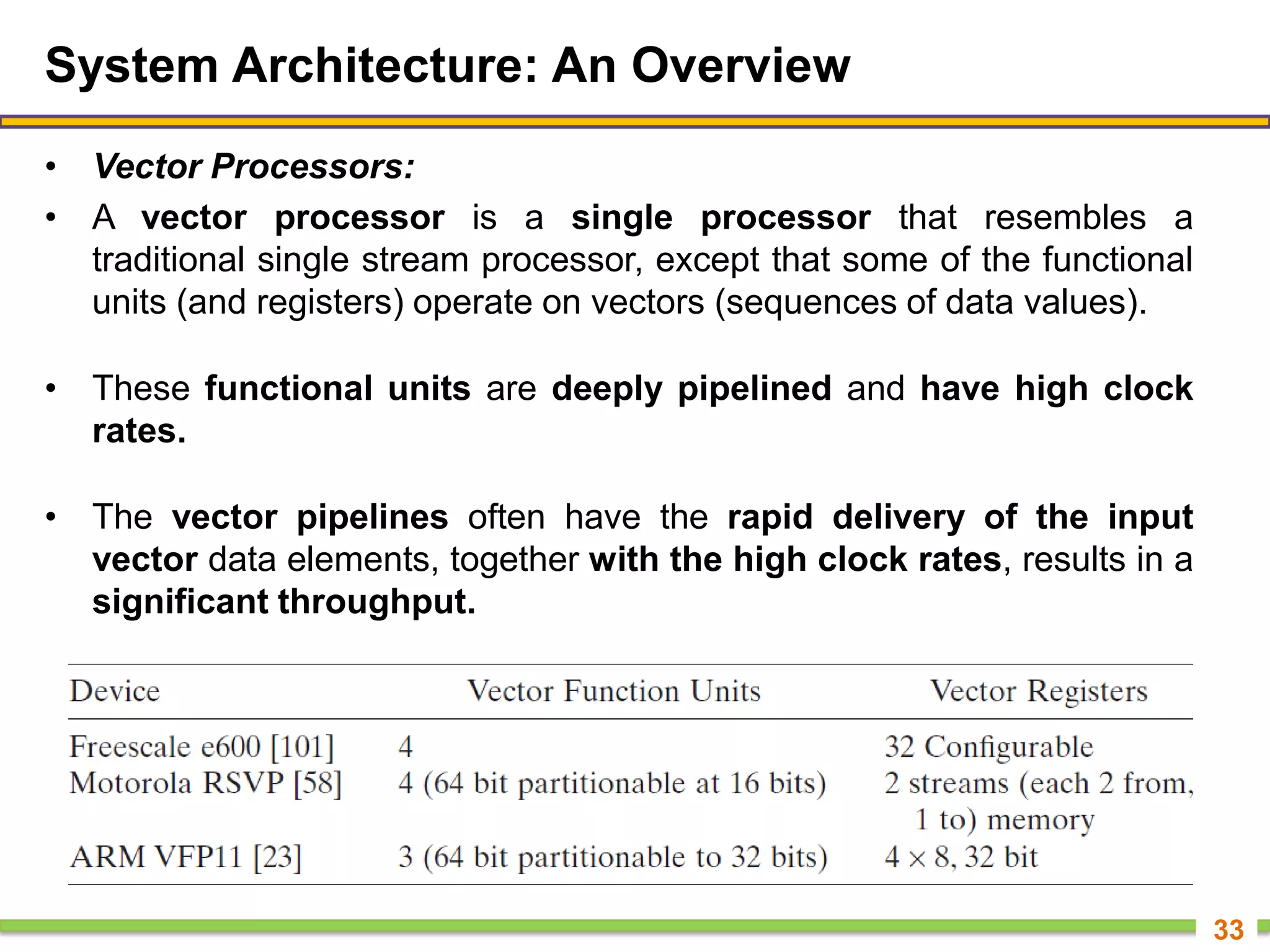 System Architecture: An Overview
• Vector Processors:
• A vector processor is a single processor that resembles a
traditional single stream processor, except that some of the functional
units (and registers) operate on vectors (sequences of data values).
• These functional units are deeply pipelined and have high clock
rates.
• The vector pipelines often have the rapid delivery of the input
vector data elements, together with the high clock rates, results in a
significant throughput.
33
 