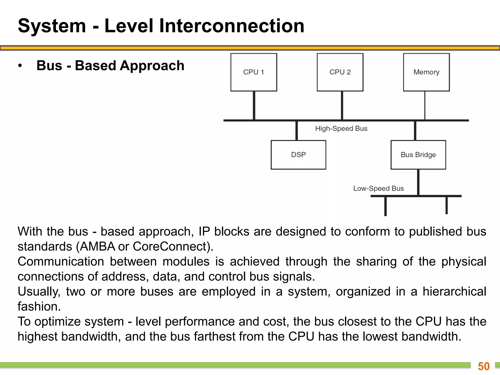 System - Level Interconnection
• Bus - Based Approach
50
With the bus - based approach, IP blocks are designed to conform to published bus
standards (AMBA or CoreConnect).
Communication between modules is achieved through the sharing of the physical
connections of address, data, and control bus signals.
Usually, two or more buses are employed in a system, organized in a hierarchical
fashion.
To optimize system - level performance and cost, the bus closest to the CPU has the
highest bandwidth, and the bus farthest from the CPU has the lowest bandwidth.
 