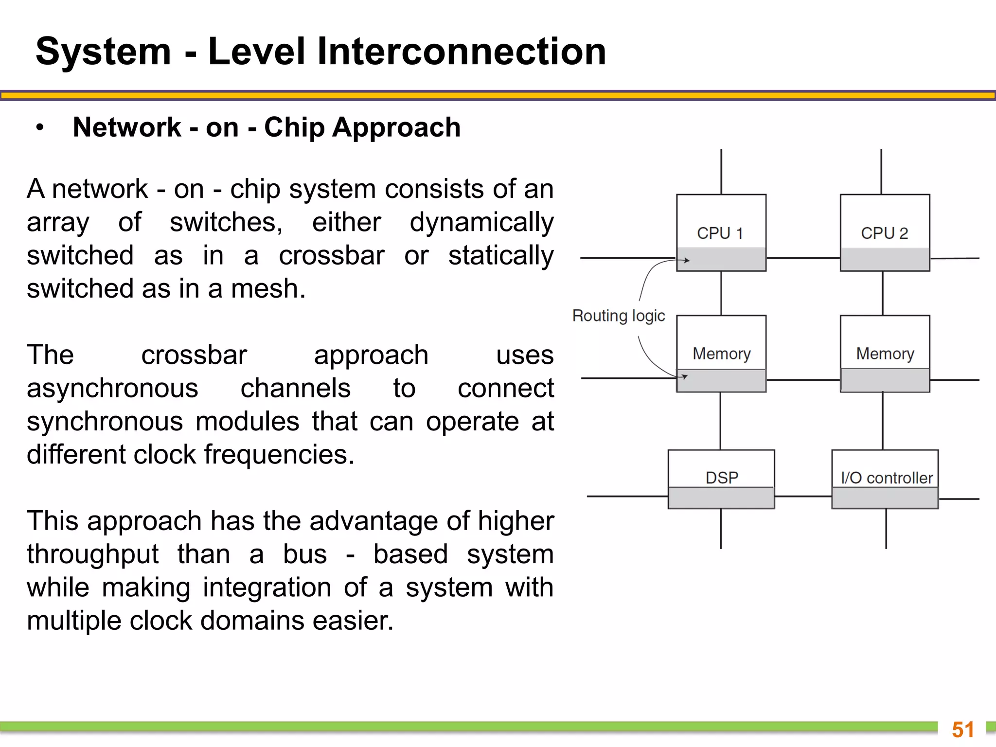 System - Level Interconnection
• Network - on - Chip Approach
51
A network - on - chip system consists of an
array of switches, either dynamically
switched as in a crossbar or statically
switched as in a mesh.
The crossbar approach uses
asynchronous channels to connect
synchronous modules that can operate at
different clock frequencies.
This approach has the advantage of higher
throughput than a bus - based system
while making integration of a system with
multiple clock domains easier.
 