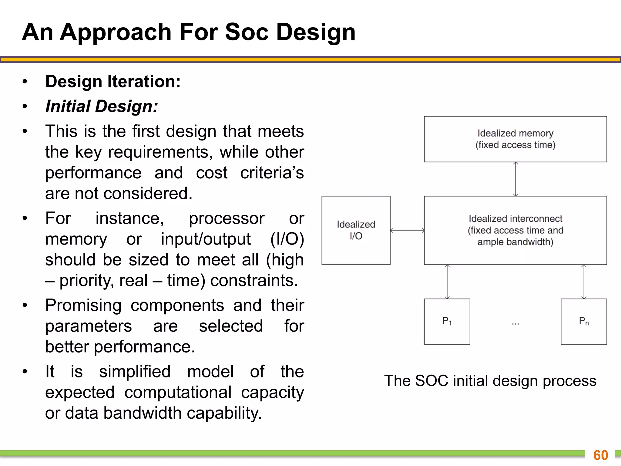 An Approach For Soc Design
• Design Iteration:
• Initial Design:
• This is the first design that meets
the key requirements, while other
performance and cost criteria’s
are not considered.
• For instance, processor or
memory or input/output (I/O)
should be sized to meet all (high
– priority, real – time) constraints.
• Promising components and their
parameters are selected for
better performance.
• It is simplified model of the
expected computational capacity
or data bandwidth capability.
60
The SOC initial design process
 