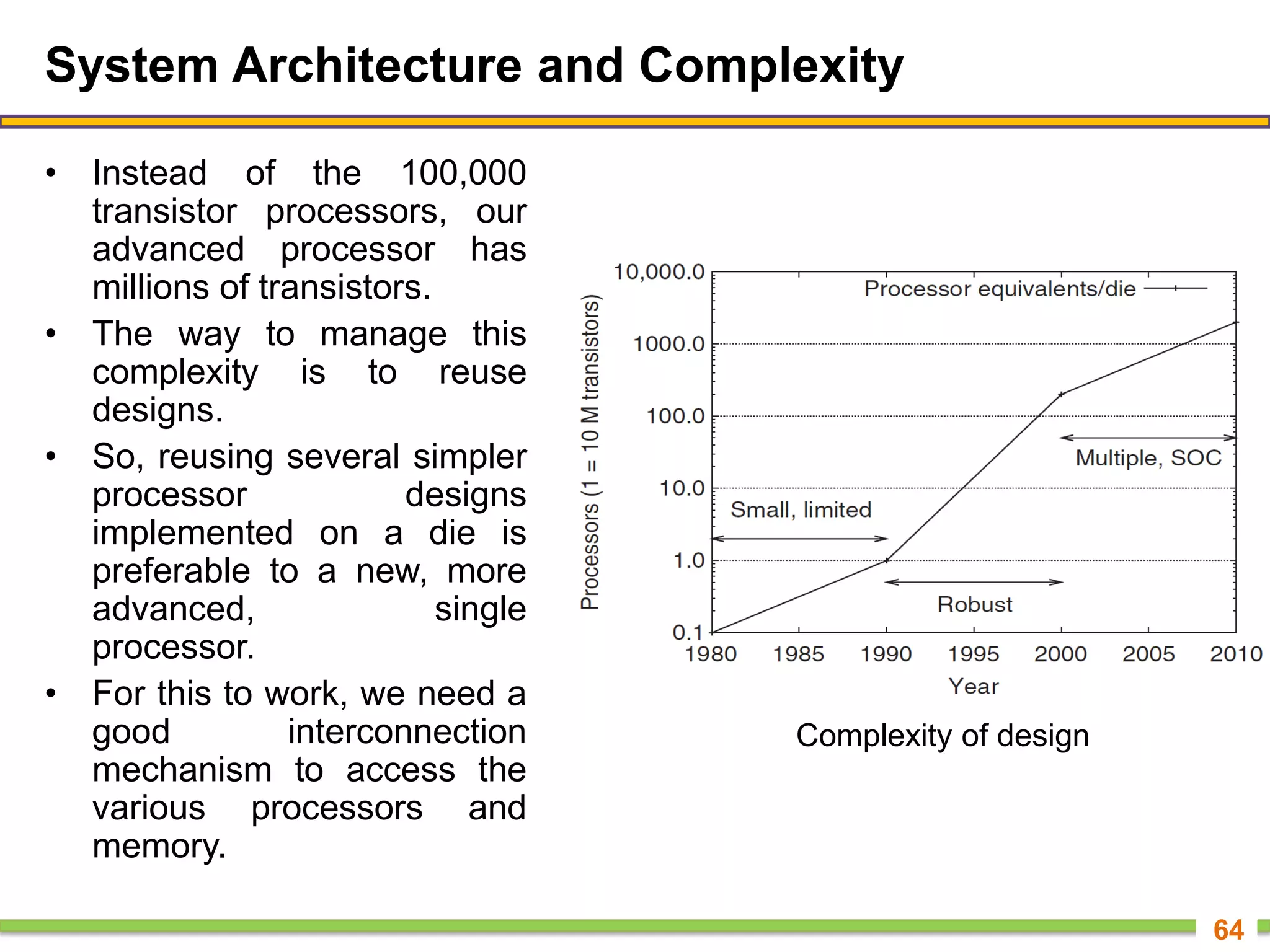 System Architecture and Complexity
• Instead of the 100,000
transistor processors, our
advanced processor has
millions of transistors.
• The way to manage this
complexity is to reuse
designs.
• So, reusing several simpler
processor designs
implemented on a die is
preferable to a new, more
advanced, single
processor.
• For this to work, we need a
good interconnection
mechanism to access the
various processors and
memory.
64
Complexity of design
 