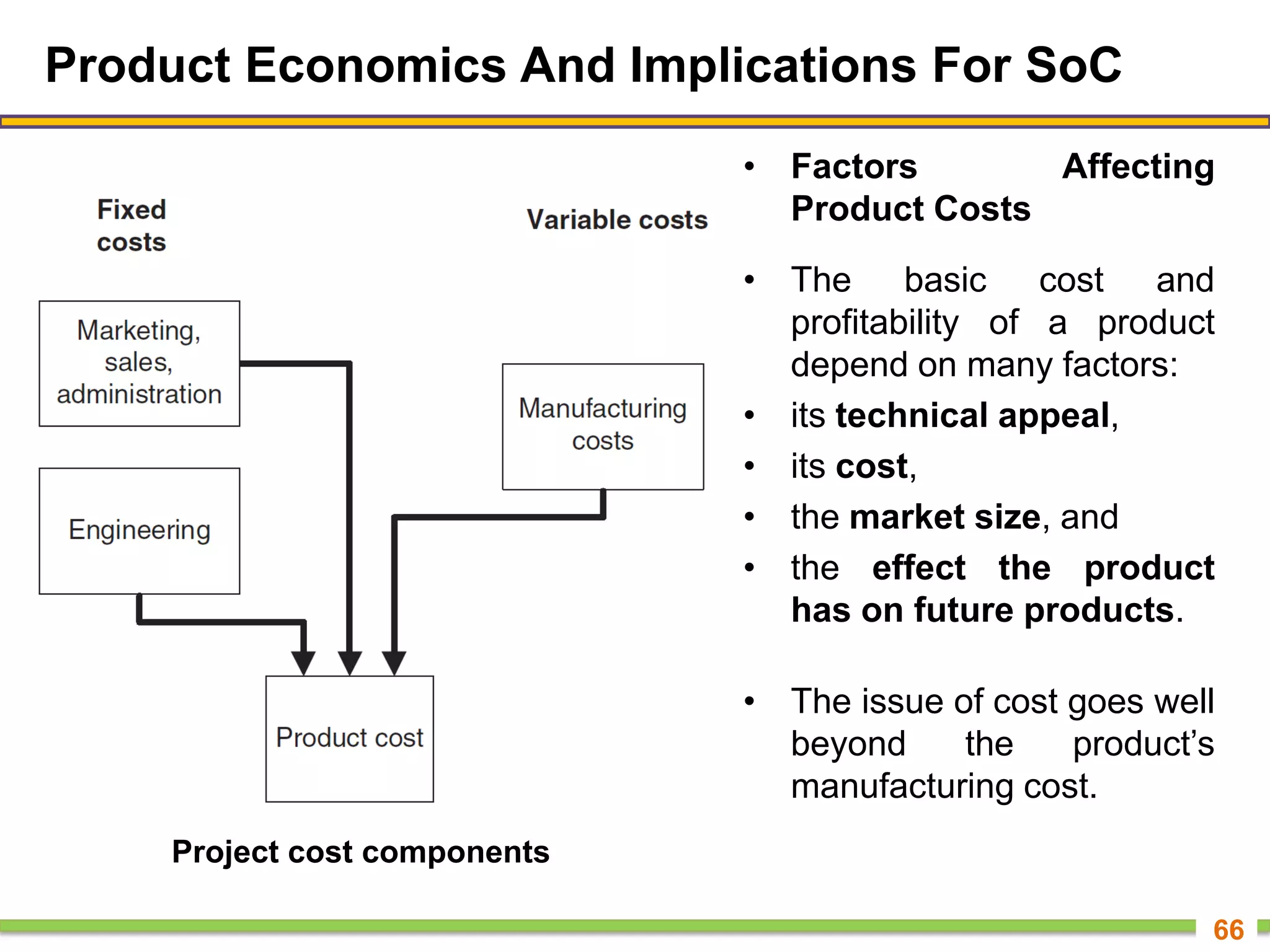 Product Economics And Implications For SoC
• Factors Affecting
Product Costs
• The basic cost and
profitability of a product
depend on many factors:
• its technical appeal,
• its cost,
• the market size, and
• the effect the product
has on future products.
• The issue of cost goes well
beyond the product’s
manufacturing cost.
66
Project cost components
 