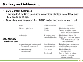 Memory and Addressing
• SOC Memory Examples
• It is important for SOC designers to consider whether to put RAM and
ROM on-die or off-die.
• Table shows various examples of SOC embedded memory macro cell.
43
SOC Memory
Considerations
 