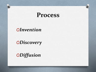 Process
OInvention
ODiscovery
ODiffusion
 