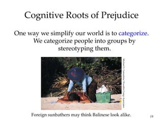 19
Cognitive Roots of Prejudice
One way we simplify our world is to categorize.
We categorize people into groups by
stereotyping them.
Foreign sunbathers may think Balinese look alike.
Michael
S.
Yamashita/
Woodfin
Camp
Associates
 
