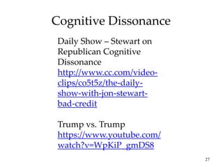 27
Cognitive Dissonance
Daily Show – Stewart on
Republican Cognitive
Dissonance
http://www.cc.com/video-
clips/co5t5z/the-daily-
show-with-jon-stewart-
bad-credit
Trump vs. Trump
https://www.youtube.com/
watch?v=WpKiP_gmDS8
 