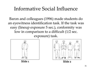 36
Informative Social Influence
Baron and colleagues (1996) made students do
an eyewitness identification task. If the task was
easy (lineup exposure 5 sec.), conformity was
low in comparison to a difficult (1/2 sec.
exposure) task.
 