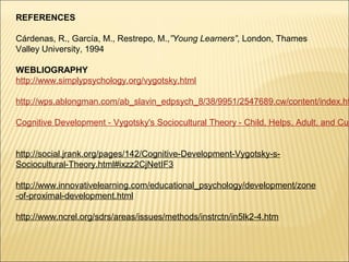 REFERENCES

Cárdenas, R., García, M., Restrepo, M.,”Young Learners”, London, Thames
Valley University, 1994

WEBLIOGRAPHY
http://www.simplypsychology.org/vygotsky.html

http://wps.ablongman.com/ab_slavin_edpsych_8/38/9951/2547689.cw/content/index.ht

Cognitive Development - Vygotsky's Sociocultural Theory - Child, Helps, Adult, and Cul


http://social.jrank.org/pages/142/Cognitive-Development-Vygotsky-s-
Sociocultural-Theory.html#ixzz2CjNetIF3

http://www.innovativelearning.com/educational_psychology/development/zone
-of-proximal-development.html

http://www.ncrel.org/sdrs/areas/issues/methods/instrctn/in5lk2-4.htm
 