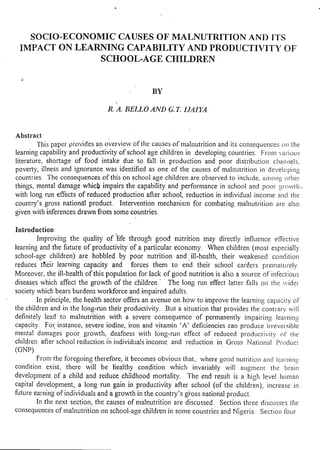 Socio economic causes of malnutrition and its impact on learning-1 | PDF