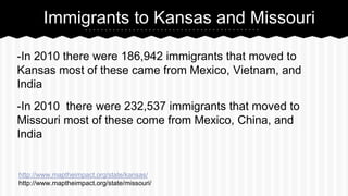 Immigrants to Kansas and Missouri
-In 2010 there were 186,942 immigrants that moved to
Kansas most of these came from Mexico, Vietnam, and
India
-In 2010 there were 232,537 immigrants that moved to
Missouri most of these come from Mexico, China, and
India

http://www.maptheimpact.org/state/kansas/
http://www.maptheimpact.org/state/missouri/

 