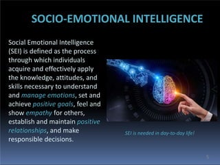 Social Emotional Intelligence
(SEI) is defined as the process
through which individuals
acquire and effectively apply
the knowledge, attitudes, and
skills necessary to understand
and manage emotions, set and
achieve positive goals, feel and
show empathy for others,
establish and maintain positive
relationships, and make
responsible decisions.
SOCIO-EMOTIONAL INTELLIGENCE
5
SEI is needed in day-to-day life!
 