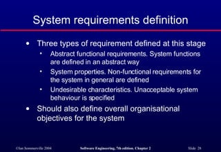 System requirements definition Three types of requirement defined at this stage Abstract functional requirements. System functions are defined in an abstract way System properties. Non-functional requirements for the system in general are defined Undesirable characteristics. Unacceptable system behaviour is specified Should also define overall organisational objectives for the system 