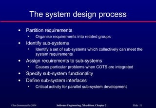 The system design process Partition requirements Organise requirements into related groups  Identify sub-systems Identify a set of sub-systems which collectively can meet the system requirements Assign requirements to sub-systems Causes particular problems when COTS are integrated Specify sub-system functionality Define sub-system interfaces Critical activity for parallel sub-system development 