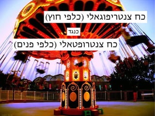 ‫כח צנטריפוגאלי )כלפי חוץ(‬
                                     ‫כנגד‬

                        ‫כח צנטרופטאלי )כלפי פנים(‬




‫: ‪cr e d it‬‬   ‫‪Ya‬‬   ‫‪Ya‬‬
 