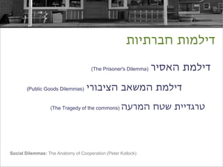 ‫דילמות חברתיות‬

                                     (The Prisoner's Dilemma)   ‫דילמת האסיר‬
       (Public Goods Dilemmas)     ‫דילמת המשאב הציבורי‬

                  (The Tragedy of the commons)     ‫טרגדיית שטח המרעה‬




Social Dilemmas: The Anatomy of Cooperation (Peter Kollock)
 