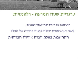 ‫טרגדיית שטח המרעה - רלוונטיות‬

           ‫הרציונאל של היחיד יכול לעודד אגואיזם‬

 ‫גישה אגואיסטית יכולה לפגום בחוויה של הכלל‬

‫התחשבות בזולת יוצרת אווירה חברותית‬
 