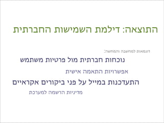 ‫התוצאה: דילמת השמישות החברתית‬

                             ‫דוגמאות למחשבה והמחשה:‬
  ‫נוכחות חברתית מול פרטיות משתמש‬
                 ‫אפשרויות התאמה אישית‬
‫התעדכנות במייל על פני ביקורים אקראיים‬
    ‫מדיניות הרשמה למערכת‬
 