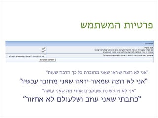 ‫פרטיות המשתמש‬



        ‫“אני לא רוצה שיראו שאני מחוברת כל כך הרבה שעות”‬

‫“אני לא רוצה שמאור יראה שאני מחובר עכשיו”‬
       ‫“אני לא מרגיש נח שעוקבים אחרי מה שאני עושה”‬

 ‫“כתבתי שאני עוזב ושלעולם לא אחזור”‬
 