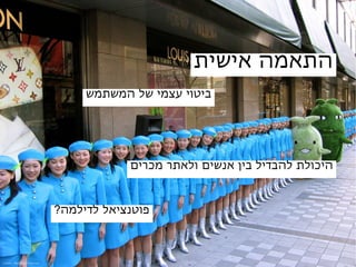 ‫התאמה אישית‬
                                ‫ביטוי עצמי של המשתמש‬




                                       ‫היכולת להבדיל בין אנשים ולאתר מכרים‬


                           ‫פוטנציאל לדילמה?‬



‫‪Credit: Matthias Krammel‬‬
 