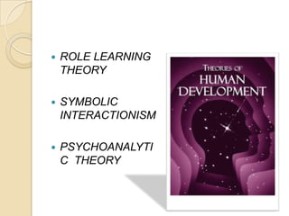    ROLE LEARNING
    THEORY

   SYMBOLIC
    INTERACTIONISM

   PSYCHOANALYTI
    C THEORY
 