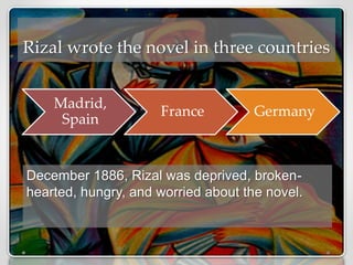 Rizal wrote the novel in three countries
Madrid,
Spain
France Germany
December 1886, Rizal was deprived, broken-
hearted, hungry, and worried about the novel.
 
