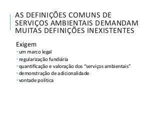AS DEFINIÇÕES COMUNS DE
SERVIÇOS AMBIENTAIS DEMANDAM
MUITAS DEFINIÇÕES INEXISTENTES
Exigem
 um marco legal
 regularização fundiária
 quantificação e valoração dos “serviços ambientais”
 demonstração de adicionalidade
 vontade política
 