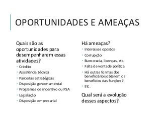 OPORTUNIDADES E AMEAÇAS
Quais são as
oportunidades para
desempenharem essas
atividades?
 Crédito
 Assistência técnica
 Parcerias estratégicas
 Disposição governamental
 Programas de incentivo ou PSA
 Legislação
 Disposição empresarial
Há ameaças?
 Interesses opostos
 Corrupção
 Burocracia, licenças, etc.
 Falta de vontade política
 Há outras formas dos
beneficiários obterem os
benefícios das funções?
 Etc.
Qual será a evolução
desses aspectos?
 