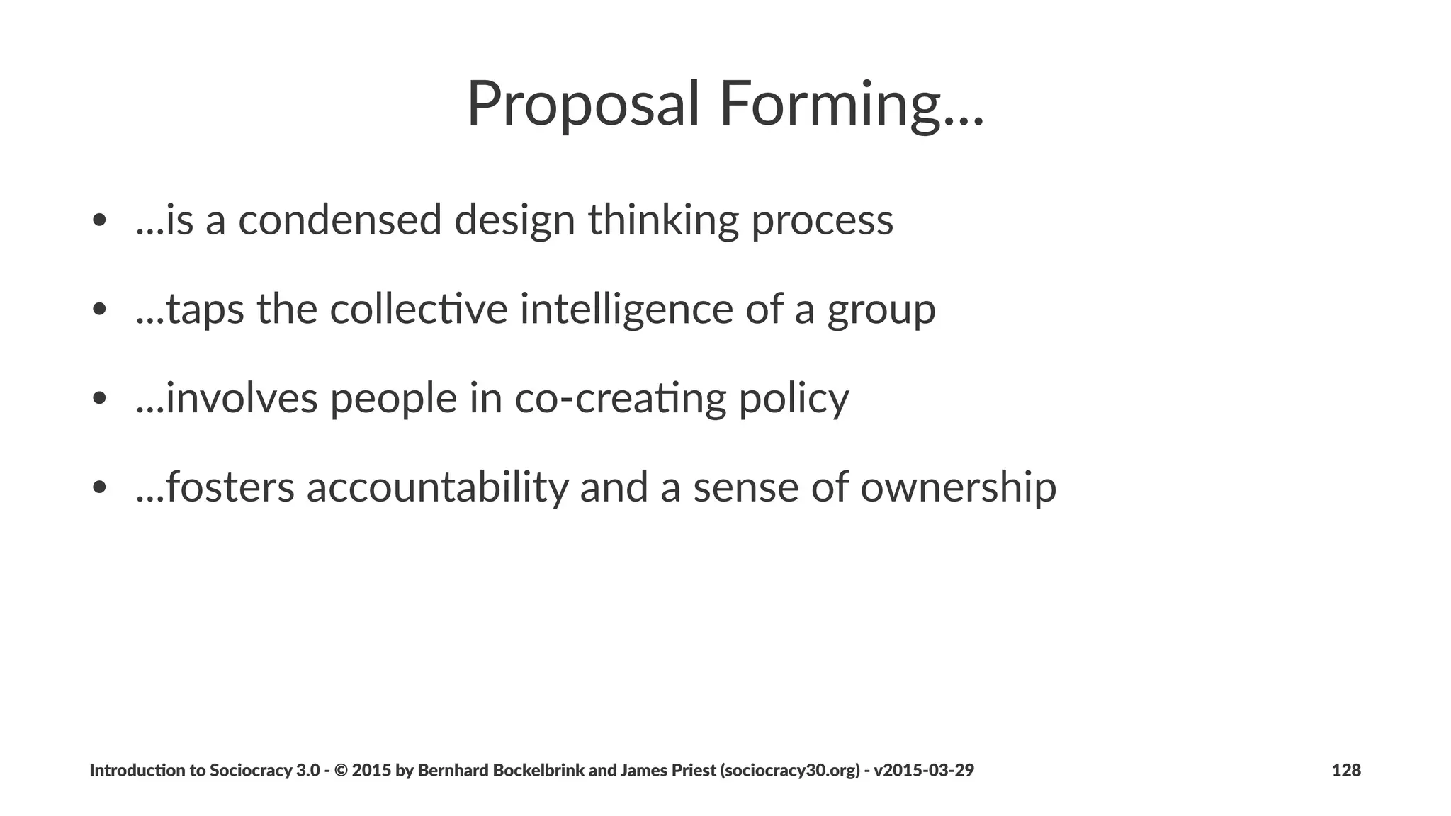 Step%2%'%Limit%Work%in%Progress
• treat&work&in&progress&(WIP)&as&liability,&not&as&an&asset
• you&want&to&get&things&done,&not&start&things
• limi<ng&WIP&reduces&cycle&<me:&
• Average&Cycle&Time&=&Work&in&Progress&/&Throughput&(LiFle's&
Law)
• limi<ng&WIP&reduces&overload,&fosters&collabora<on&and&
supports&selfIorganiza<on
Introduc)on*to*Sociocracy*3.0*2*©*2015,*2016*by*Bernhard*Bockelbrink*and*James*Priest*(sociocracy30.org)*2*v2016201229 128
 