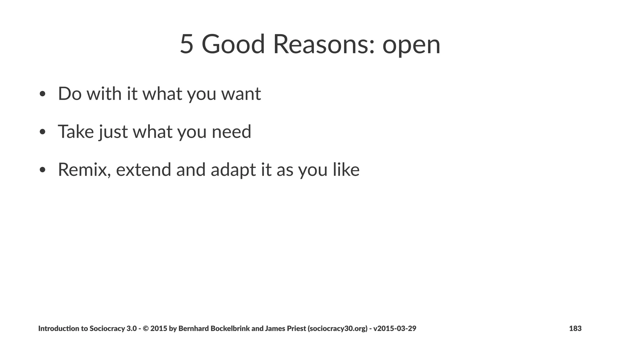 Organiza(onal+Values
• organiza)onal+values+deﬁne%culture+and+set+parameters+for+
ac)on
• values+oﬀer+guidance+to+determine+appropriate+ac)on,+even+in+
the+absence+of+explicit+agreements
• a+group+or+organiza)on+may+choose%to%collec.vely%adopt%values
Introduc)on*to*Sociocracy*3.0*2*©*2015,*2016*by*Bernhard*Bockelbrink*and*James*Priest*(sociocracy30.org)*2*v2016201229 183
 