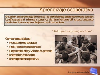 Aprendizaje cooperativo Situación de aprendizaje en la cual los participantes establecen metas que son benéficas para si mismos y para los demás miembros del grupo, buscando maximizar tanto su aprendizaje como el de los otros. “ Todos para uno y uno para todos”. Componentes básicos: Procesamiento de grupo  Habilidades interpersonales  Responsabilidad y valoración personal Interacción cara a cara Interdependencia positiva Lectura recomendada 