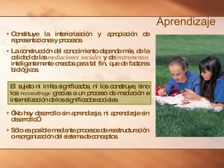Aprendizaje Constituye la interiorización y apropiación de representaciones y procesos. La construcción del conocimiento depende más, de la calidad de las  mediaciones sociales  y de  instrumentos  inteligentemente creados para tal fin, que de factores biológicos. “ No hay desarrollo sin aprendizaje, ni aprendizaje sin desarrollo”. Sólo es posible mediante procesos de reestructuración o reorganización del sistema de conceptos. El sujeto ni imita significados, ni los construye, sino los  reconstruye  gracias a un proceso de mediación e internalización de los significados sociales. 