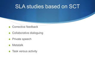 SLA studies based on SCT
S Corrective feedback
S Collaborative dialoguing
S Private speech
S Metatalk
S Task versus activity
 