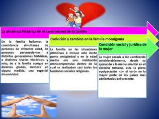 La dinámica histórica en el seno mismo de la familia
En la familia hallamos la
coexistencia simultanea de
personas de diferente edad, de
personas pertenecientes a
distintas generaciones históricas,
a distintos niveles históricos, y
esto, de a la familia aunque en
diversos grados, siempre en
alguna medida, una especial
dinamicidad.
Evolución y cambios en la familia monógama
La familia en las situaciones
primitivas e incluso asta cierto
punto antigüedad y en la edad
media era una institución
omnicomprensiva dentro de la
cual se realizaban casi todas las
funciones sociales religiosas.
Condición social y jurídica de
la mujer
La mujer casada a ido cambiando
considerablemente, desde su
ejecución a la manus marital en el
derecho romano, asta la plena
equiparación con el varón en la
mayor parte en los países mas
adelantados del presente.
 