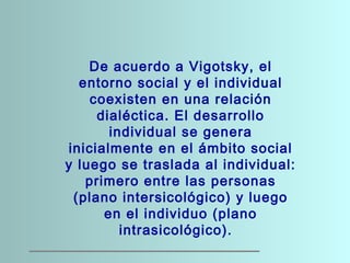 De acuerdo a Vigotsky, el
entorno social y el individual
coexisten en una relación
dialéctica. El desarrollo
individual se...