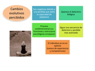 Son negativos debido a
una perdida que daña
la capacidad de
adaptarse
Aparece el deterioro
bilógico
Proceso
unidimensional sus
funciones y estructura
psicológicas envejecen
Sigue una secuencia de
deterioro y perdida
mas avanzada
El individua ya no es
optimo
(carece de experiencia
y competencias)
Cambios
evolutivos
percibidos
 